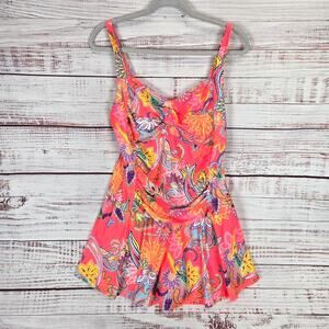 Walkonbeach Pink Peach Pin up Skirted Swim Suit 2XL One Piece Tankini Resort NWT